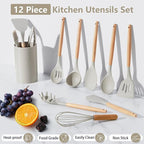 P&P CHEF Silicone Cooking Utensils Set, 12PCS Kitchen Utensils Set with Wooden Handle for Nonstick Cookware, Ladle, Spoon, Spatula, Tong, Heat-resistant & Non-scratch, Non Smell & Healthy, Khaki