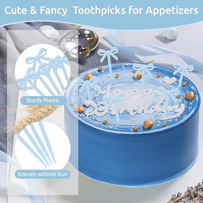 100Pcs Bow Cocktail Picks Party Toothpicks Blue Plastic Fruit Skewers Christmas Bow Drink Stirrers Cupcake Toppers Fancy Toothpick for Appetizers Drinks Wedding Coquette Birthday Bow Party Decor