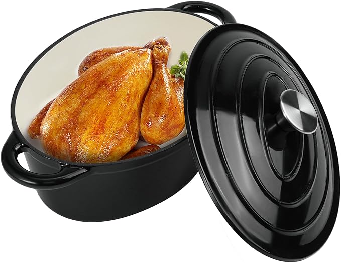 Oval Dutch Oven for Bread Baking, 4.5 Quart Non Stick Enameled Cast Iron Dutch Oven Pot with Lid, Oven Safe Oval Casserole with Lid up to 500°F for Baking, Braising, Stews, Roasting (Black)