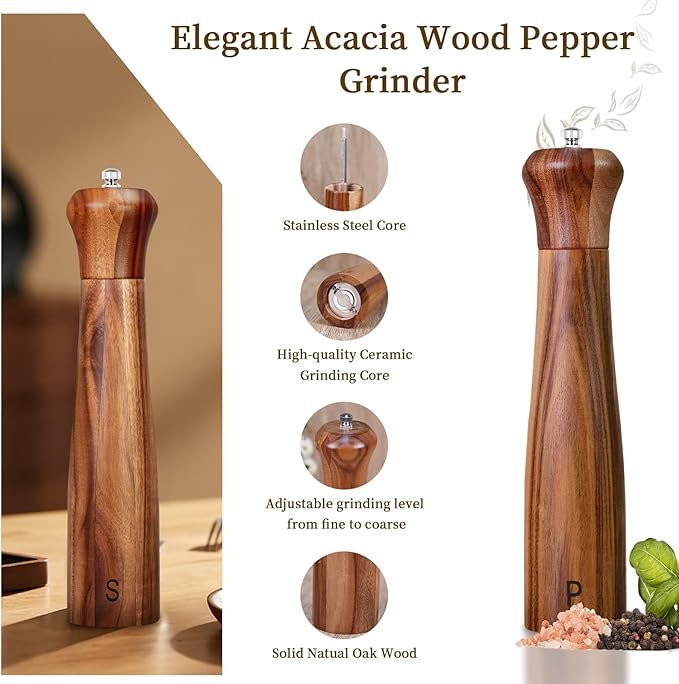 2 Pack 10 Inch Acacia Wooden Salt and Pepper Grinder Set, Manual Salt and Pepper Mills, Salt Grinder Refillable with Adjustable Coarseness, Ceramic/Stainless Steel Core Tableware Gifts