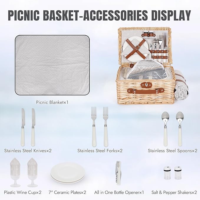 HappyPicnic Picnic Basket Set for 2 - Wicker Picnic Basket with Waterproof Blanket & Insulated Liner, Large Handmade Willow Hamper with Cutlery Kit for Outdoor, Picnic, Camping, Holidays (Flower)