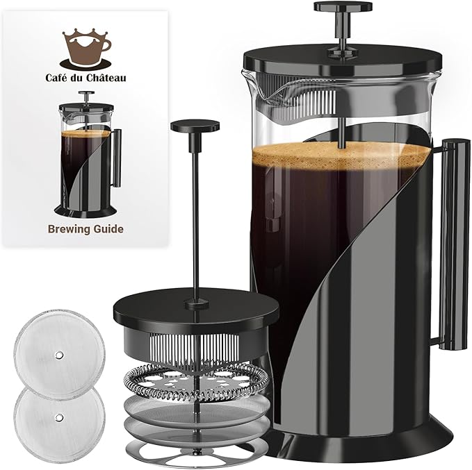 Cafe Du Chateau Stainless Steel French Press Coffee Maker - 34oz Insulated Coffee Press with 4-Level Filtration, BPA Free, Durable Glass, Great for Tea