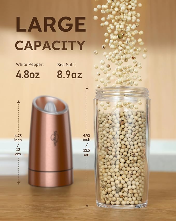 Sangcon Gravity Electric Salt and Pepper Grinder Set Shakers UPGRADED 9OZ XL CAPACITY Battery Powered Refillable Automatic One Hand Operation Adjustable Coarseness Mill Grinder Set for Kitchen