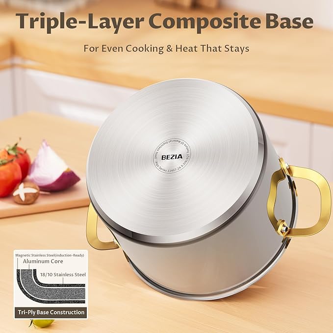 BEZIA 8 Quart Stainless Steel Stockpot with Lid, Induction Compatible Cooking Pots, Triple-Layer Bottom for Even Heat, Pasta & Soup Pot for Cooking, Boiling, Stewing, Dishwasher Safe