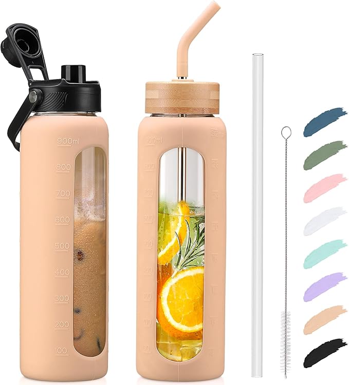 Kodrine Water Bottle with Straw, 24 oz Glass water Bottle with 2 Lids Bamboo Straw Lid and Spout Lid with Handle, 32 oz Clear Water Bottle Glass for Sports Travel, Waterbottle with Time Marker