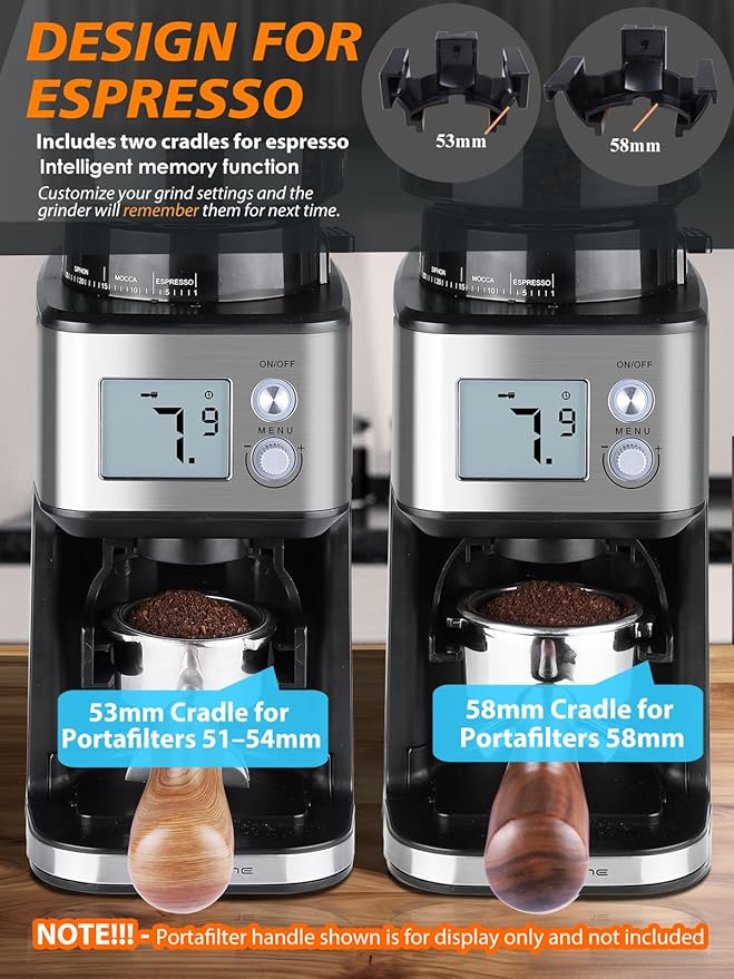 Homtone Conical Burr Espresso Coffee Grinder, 51 Precise Settings, Electric Mill with Portafilter Holder, 2-12 Cups Adjustable, Anti-static, Stainless Steel, 120V