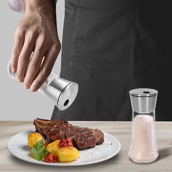 Adjustable Salt Pepper Shakers Glass - 4 OZ Spice Dispenser with Stainless Steel Lid for Kitchen, Cooking & BBQ Use
