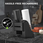 Electric Salt and Pepper Grinder Set with Base Rechargeable with LED lights, Automatic Salt and Pepper Mill Set Refillable with 5 Adjustable Coarseness Black & White