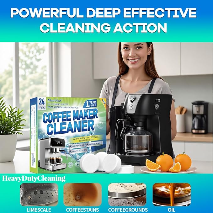 Coffee Maker Cleaner & Descaler Tablets - 24 PCS Uses for Keurig, Ninja, Breville, Delonghi, Miele, Jura and More, Coffee Machine Claening Tablets Removes Limescale -1Year Supply