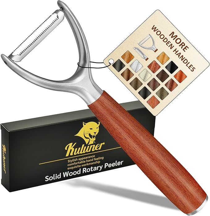 Premium high-end rosewood handle and 304 stainless steel serrated blade - ultra-sharp KULUNER Y-shaped rotary peeler for potatoes, fruits and vegetables, ergonomically designed for easy peeling