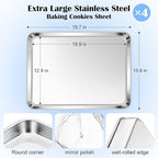 E-far Large Baking Sheets Set of 4, 20”x14” Stainless Steel Cookie Sheet Pans for Oven, Non Toxic Big Metal Baking Tray for Cake Cookies, Healthy & Rust Free, Mirror Finish & Dishwasher Safe