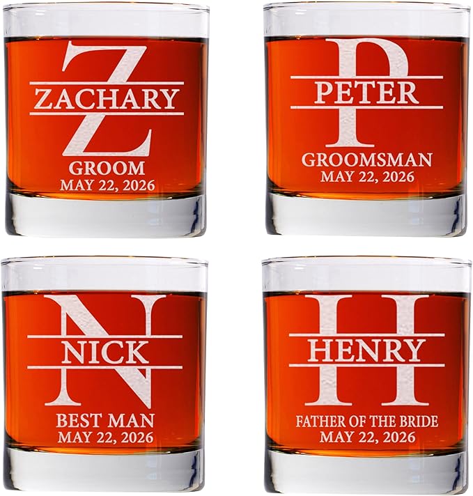 Set Of 4, Personalized Whiskey Glass For Groomsman Gifts, Best Man, Groom, 11oz Old Fashioned Custom Monogrammed Whiskey Glass