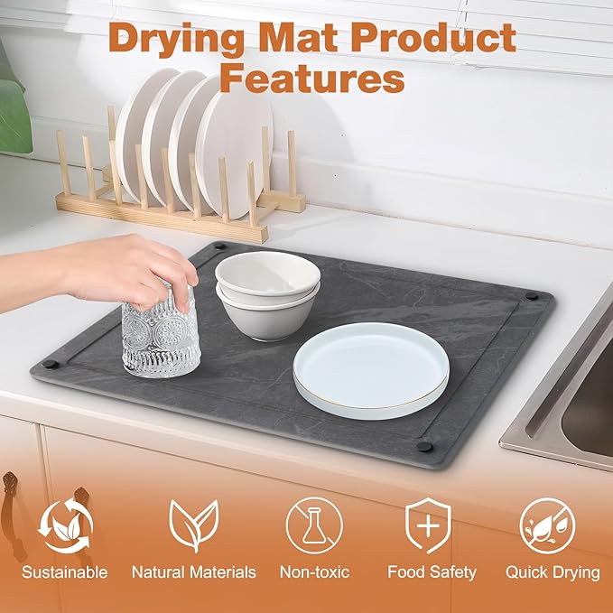 Stone Drying Mat for Kitchen Counter, Large Stone Dish Drying Mat Foldable Diatomaceous Earth Water Absorbing Mat for Dishes Bottles Cups Match Any Countertop