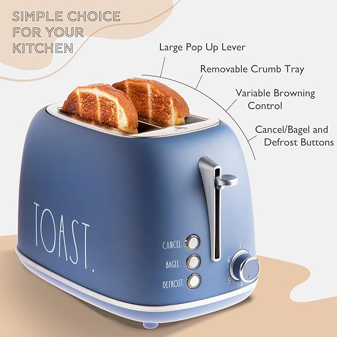 Rae Dunn Retro Rounded Bread Toaster, 2 Slice Stainless Steel Toaster with Removable Crumb Tray, Wide Slot with 6 Browning Levels, Bagel, Defrost and Cancel Options, Navy