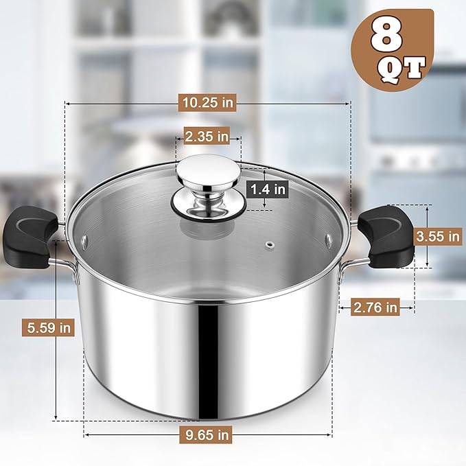8 Quart 3-Ply Cooking Stock Pot with Lid, P&P CHEF Stainless Steel Large Pot for Pasta Soup, Work on Multi Stove, Heavy Duty & Dishwasher Safe, Dual Heat-resistant Handles & Visible Lid