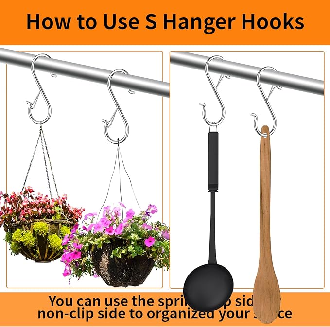 36 PCS S Hooks for Hanging with Safety Buckle, 3.5 inch Heavy Duty Metal S Shaped Hooks Stainless Steel for Hanging Kitchen Utensil, Cups, Pots, Plants, Bags, Hats (Silver)