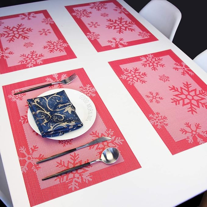 PIGCHCY Christmas Placemats Snowflake Woven Heat Resistant Placemats Washable Easy to Clean Table Mats for Dining Room and Decor(Set of 4, Red)