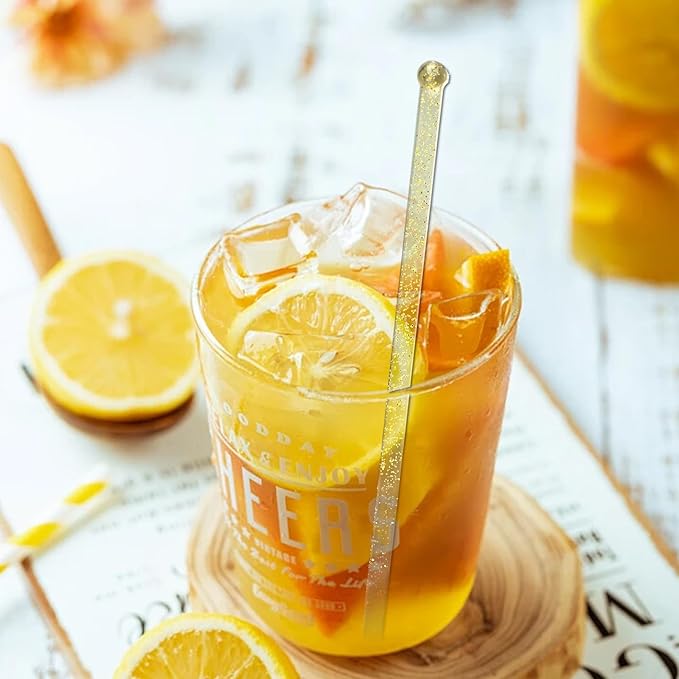 100 Pieces Disposable Plastic Round Top Clear Swizzle Sticks, Crystal Cake Stick, Cocktail Coffee Drink Stirrers 7.24 Inch (Golden)