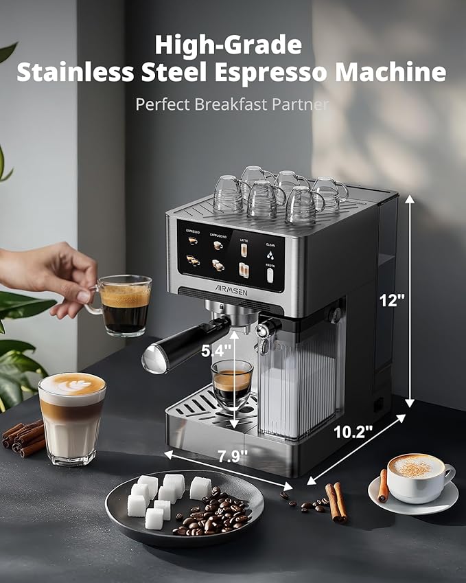 AIRMSEN 20 Bar Espresso Machine with Automatic Milk Frother for Home, Cappuccino & Latte Coffee Maker with Quick Brew Dual Boiler (1350W + 1000W), Stainless Steel, 60oz Water Tank, Touchscreen