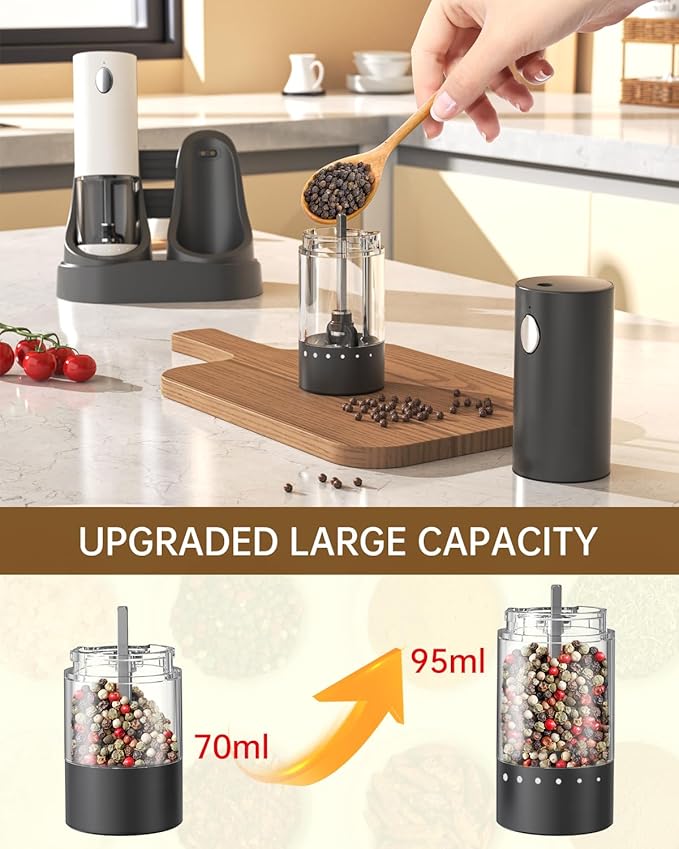 CIRCLE JOY Electric Salt and Pepper Grinder Set Automatic Salt and Pepper Grinder Set with Charging Base and White LED Light, Adjustable Coarseness, USB Rechargeable, Washable Container, White & Black