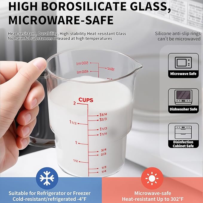 Newness 2-Cup Glass Measuring Cup For Baking and Cooking, (Upgraded, 3 Marking Including Cup/ML/Ounce Scale) Dishwasher, Freezer, Microwave, and Preheated Oven Safe, Essential Kitchen Tools