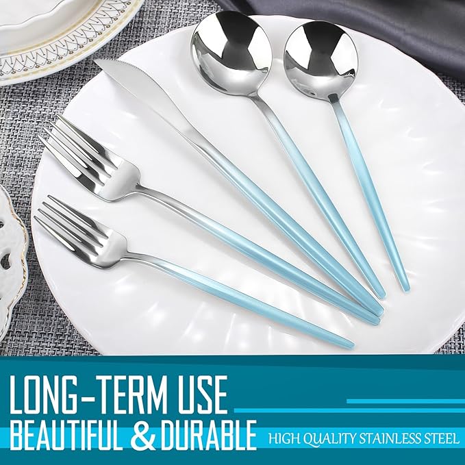 Gradient Blue Silverware Set, 20 Piece Stainless Steel Flatware Set, Kitchen Utensil Set include Knife/Fork/Spoon,Cutlery Service for 4,Mirror Polished