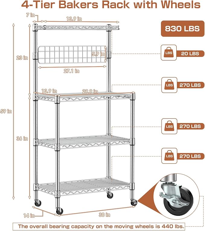 Leteuke Bakers Rack for Kitchen with Storage, NSF Certified 4-Tier Adjustable Coffee Bar with Wheels 10 S-Hooks Microwave Stand Kitchen Storage Shelf Metal Storage Rack 30 x 14 x 59 Inches, Chrome