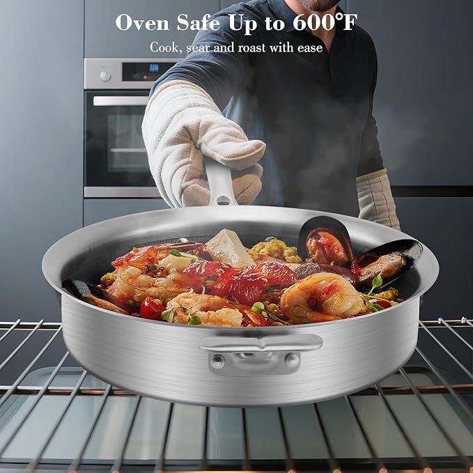 12 Inch Frying Pan with Lid, Tri-ply Stainless Steel Saute Pan, Non Stick Pans, Non Toxic Frying Pan, 5.2 QT Deep Skillet PTFE&PFOA Free, Induction, Oven & Dishwasher Safe