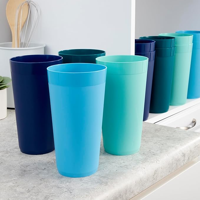 US Acrylic Newport 32 ounce Unbreakable Plastic Stackable Iced-Tea Tumblers in 4 Coastal Colors | Set of 12 Drinking Cups | Reusable, BPA-free, Made in the USA, Top-rack Dishwasher and Microwave Safe