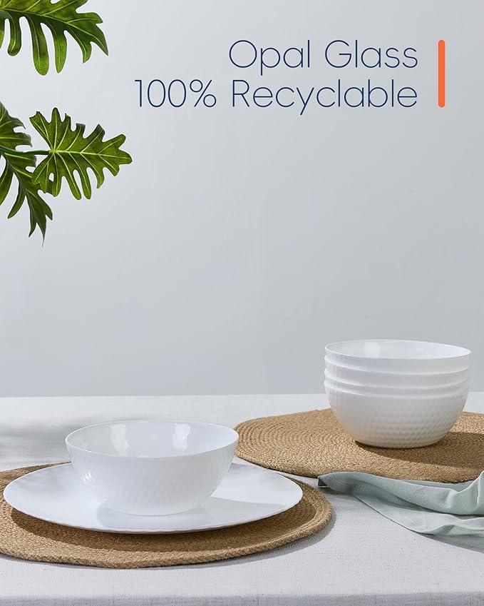 20 OZ Max White Opal Glass Cereal Bowl Set of 6, Thin Light & Durable 6 inch Dishwasher & Microwave Safe Round Geometric Faceted Bowls for Kitchen, Salad, Soup and Rice