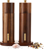 Wooden Salt and Pepper Grinder Set 8 Inch Manual Salt and Pepper Mill with Tray Adjustable Coarseness Refillable Wood Grinders with Gold Bottle Label for Kitchen(Wood Color)