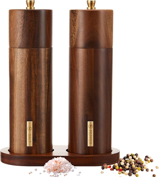 Wooden Salt and Pepper Grinder Set 8 Inch Manual Salt and Pepper Mill with Tray Adjustable Coarseness Refillable Wood Grinders with Gold Bottle Label for Kitchen(Wood Color)
