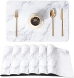 QIYI Placemats Set of 6, 12x18 Inch PU Leather Place Mats for Kitchen Dinning, Heat Resistant Anti Slip Table Mats, Waterproof Wipeable Washable Placemat Party Table Décor, White Marble