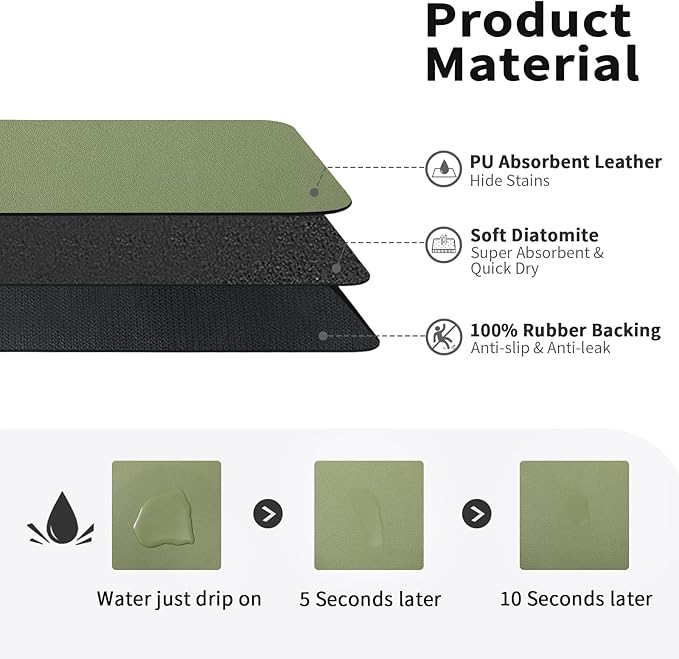 Dish Drying Mat for Kitchen Counter, Heat Resistant Drainer Mats with Non-slip Rubber Backed, Hide Stain Kitchen Super Absorbent Draining Mat, Easy to Clean Dish Rack Pad, Green 18"x28"