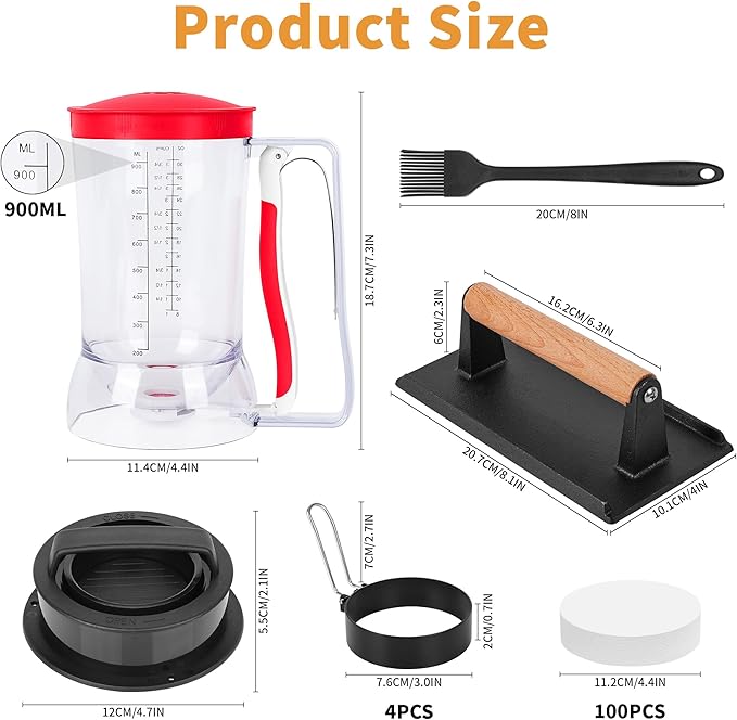 Blackstone Breakfast Kit Pancake Batter Dispenser 9PCS Griddle Accessories Set - Included Pancake Batter Dispenser Bacon Press Egg Rings Hamburger Press Patty Maker Brush and Oil Separating Paper
