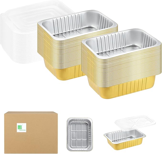 9"x 6.5" Sturdy Aluminum Foil Pans with Lids (50 Packs), 2X Thicker Heavy Duty for Oven Stove Grill Microwavable Cooking, Baking, Reusable Dishwasherable Disposable Foil Pan, 47oz