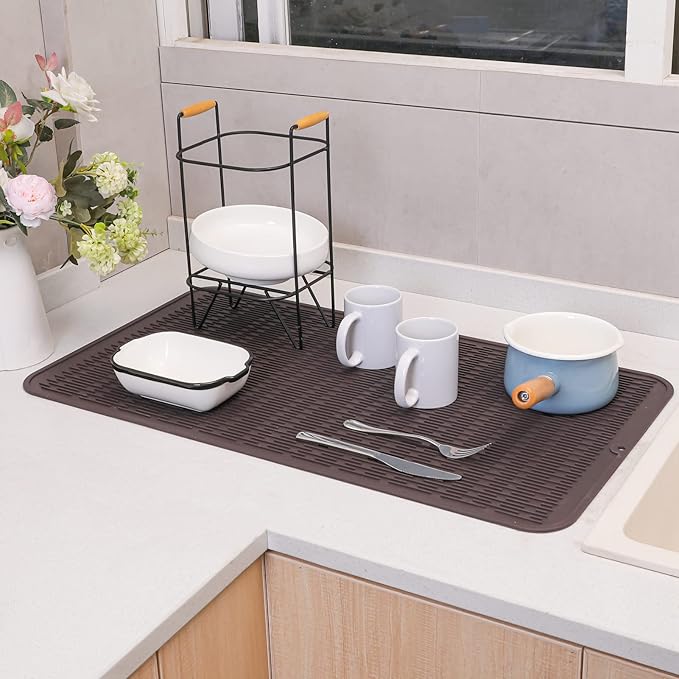 Silicone Dish Drying Mat for Multiple Usage,Easy clean,Eco-friendly,Heat-resistant Silicone Mat for Kitchen Counter or Sink,Refrigerator or Drawer Liner Coffee 4XL 32 inches x 18 inches