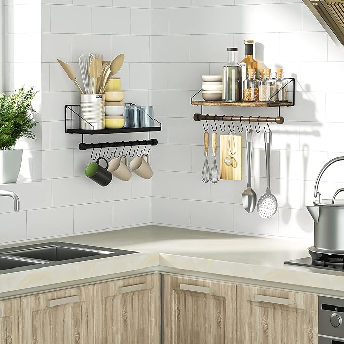 Alsonerbay Floating Shelves Wood Shelves for Wall, Rustic Wood Kitchen Shelf with Towel Bar and 8 Removable Hooks for Hanging Cooking Utensils or Mugs