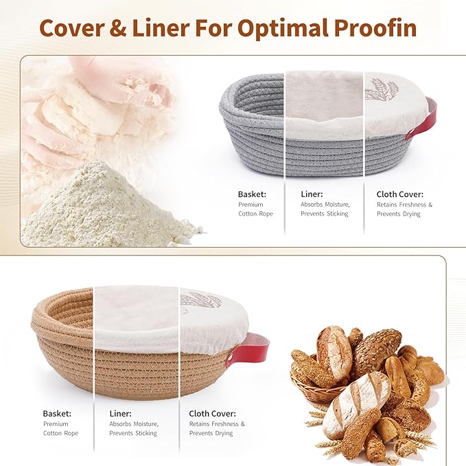 Cotton Rope Banneton Bread Proofing Basket Set, Oval & Round Bread Baskets with Liners & Covers for Artisan Bread Baking, Sourdough Bread Baking Supplies