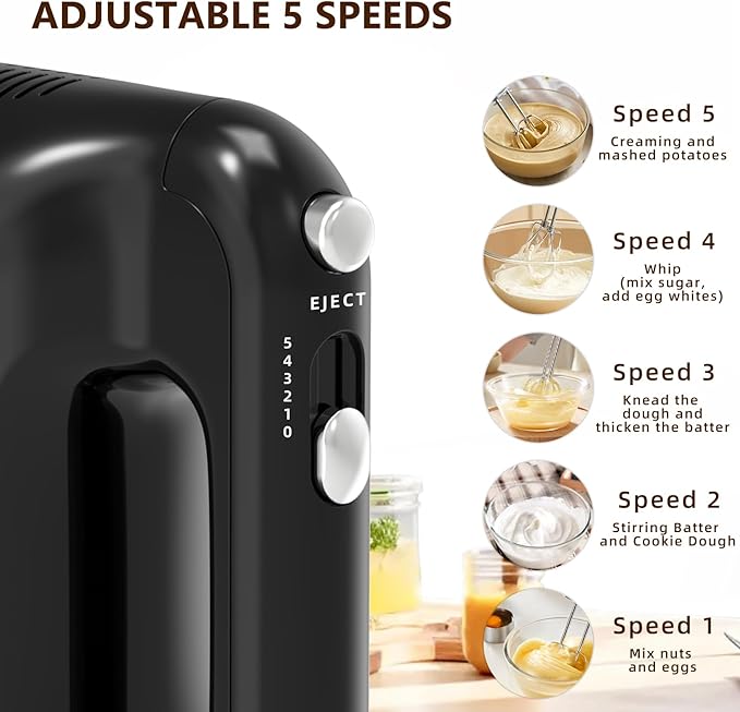 Hand Mixer | 5-Speed Control | 400-Watt Motor | Stainless Steel Attachments | Lightweight & Compact Design | BPA-Free | Black