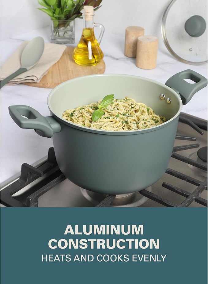 Gibson Home Barnsdall 10 Piece Premium PFA Free Ceramic Nonstick Pots and Pans Aluminum Induction Cookware Set W/Kitchen Tools - Sage Green/Grey Non Stick