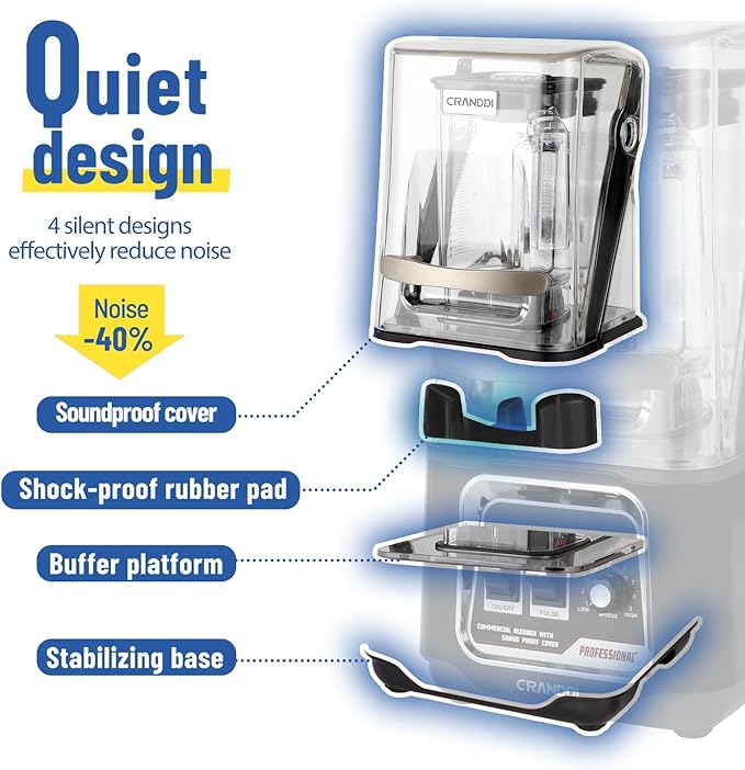 CRANDDI Professional Smoothie Blender, 2200W Commercial Soundproof Quiet blender with Removable Soundproof Shield for Crushing Ice, MilkShakes, Puree, Self-Cleaning, 50oz 110V K80 (Black)