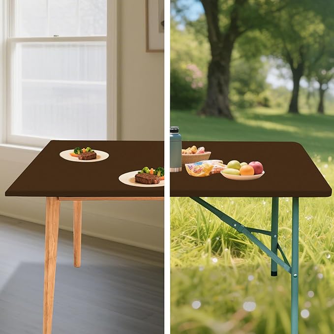 SereneGrace Elastic Table Cover, Windproof Tablecloth, 24x48 Inch Reusable Spandex Fitted Stretch 4-Foot Rectangle Table Cloth for Dining Room, Banquets, Events, Craft Displays, Parties, Brown