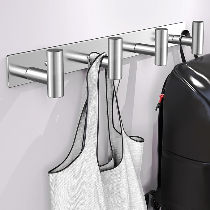 Wall Mounted Coat Rack-4 Hooks, Heavy Duty Stainless Steel Hook Rail for Towel Coat Hat Purse Bag Jacket, Towel Hooks for Entryway Bathroom Kitchen (Silvery 4 Hooks - 1 Pack)