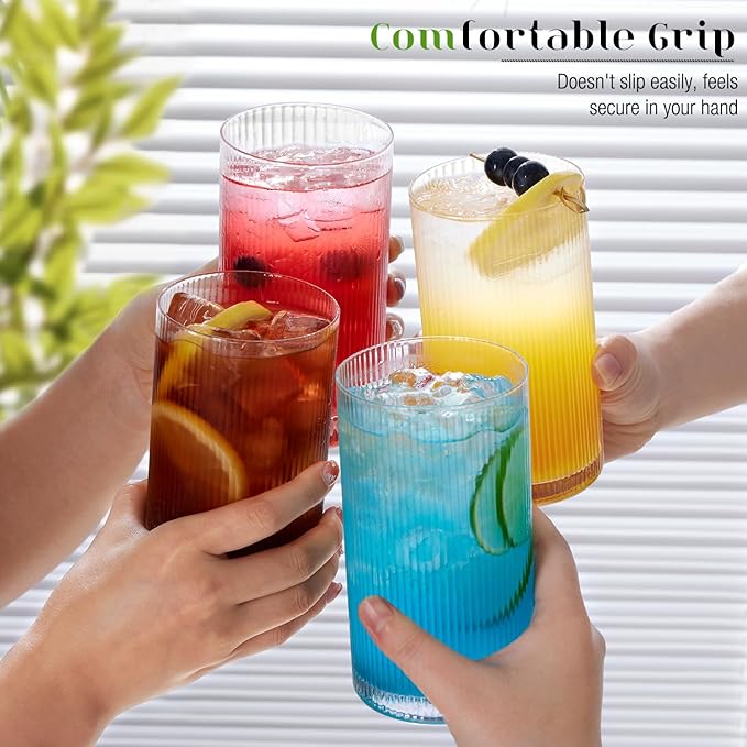 LUNA & MANTHA Ribbed Glasses Drinking Set of 8-17oz Large Capacity Highball Glasses, 12oz Rocks Glass Cups, Vintage Cocktail Glasses, Ideal for, Water, Ice Coffee Cup, Whiskey, Mixed Drinkware