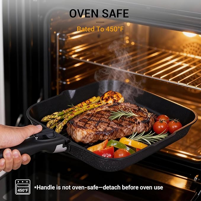 Ammeloo 21 Pcs Pots and Pans Set Non Stick with Detachable Handle & Grill Pan, Induction Ceramic Cookware Set, Non Toxic Kitchen Pots and Pans Set for RVs,Camping, Oven/Dishwasher Safe, Black