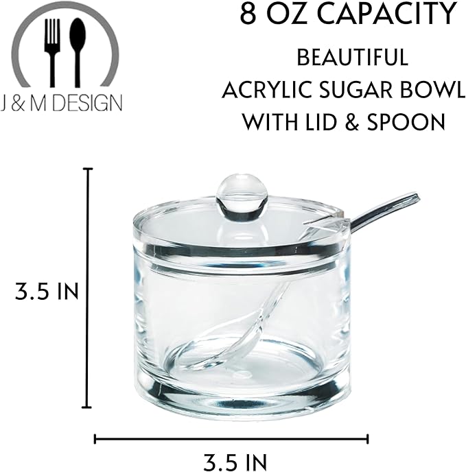 J&M DESIGN Clear Acrylic Sugar Bowl With Lid And Spoon For Coffee Bar Accessories, Cereal Bowls, Tea, Kitchen Countertop Canisters & Baking - 8 oz Container Jar Dispenser Holder - Dishwasher Safe
