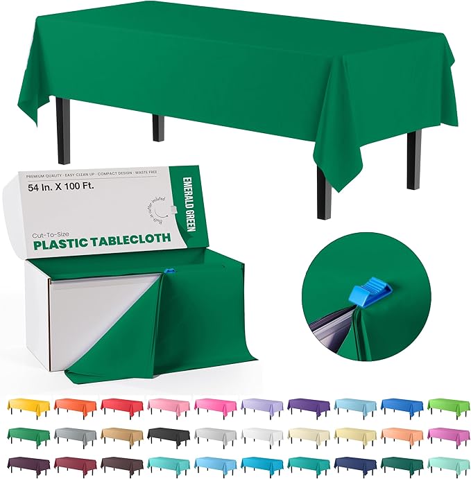 Exquisite Party Solids 54 Inch X 100 Feet Emerald Green Plastic Table Cover Roll in A Cut - to - Size Box with Convenient Slide Cutter. Cuts Up to 12 Rectangle 8 Feet Plastic Disposable Tablecloths