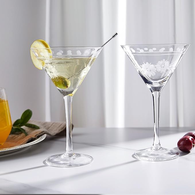 Premium Delight Vintage Cocktail Glasses Set of 4, 9 oz – Hand-Blown with Etched Long Stem, Classic Glassware for Weddings, Dinners, and Holiday Gifting (Martini Glasses)