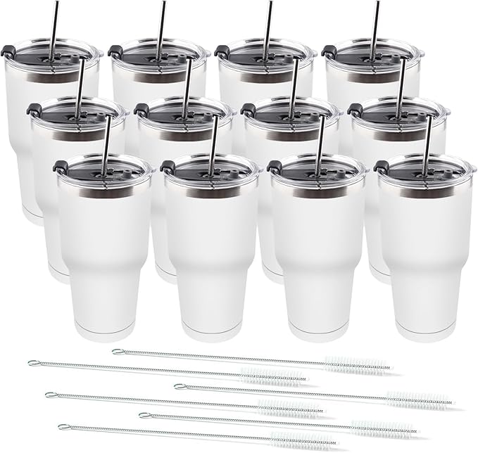 Amtidy 12 Pack 30oz Travel Mug, Powder Coated Stainless Steel Vacuum Double Wall Bulk Tumbler, Durable Insulated Coffe Cup with Splash Proof Lids straw and cleaning brush，for Home, Office, Party